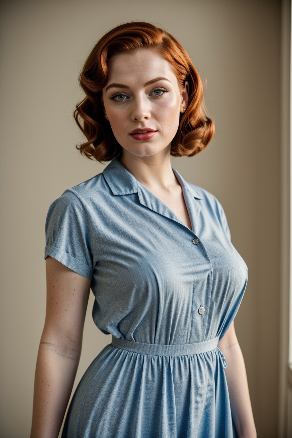 a ginger woman in a blue shirtwaist dress posing for a picture,  retro pinup model,  midshot picture on Tensor.Art