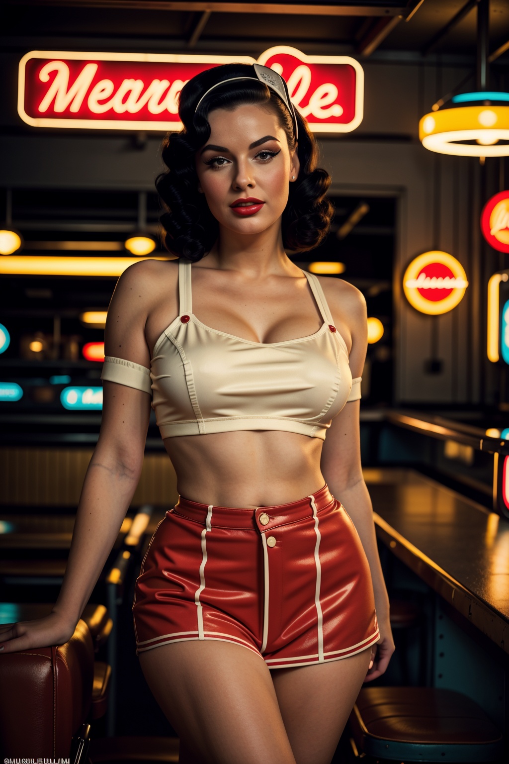 close up photo shot analog style photography of a pin up waitress in roller skates in a retro diner,  aesthetic,  neon sig...