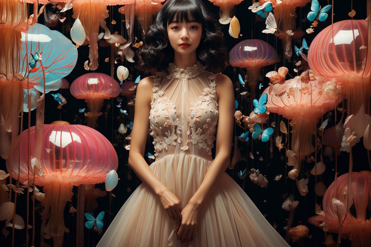masterpiece,best quality,1girl,<lora:20231020-1697759915355-0009:0.9>,jellyfish girl,1girl,flower,bug,butterfly,solo,dress,black hair,white dress,sleeveless,looking at viewer,blue flower,standing,blue butterfly,leaf,sleeveless dress,animal,lips,simple background,