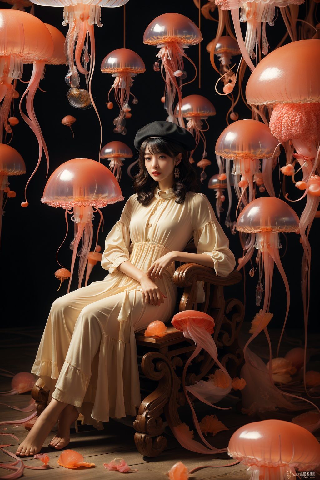 masterpiece,best quality,1girl,<lora:20231020-1697759915355-0009:0.6>,((jellyfish)),((full body)),wearing a beret,a woman sitting in a chair with a lot of lights behind her and a lot of lanterns behind her,Chen Chun,classical painting,a painting,fantasy artbest quality,masterpiece,realistic,masterpiece,Highly detailed,extreme detail description,