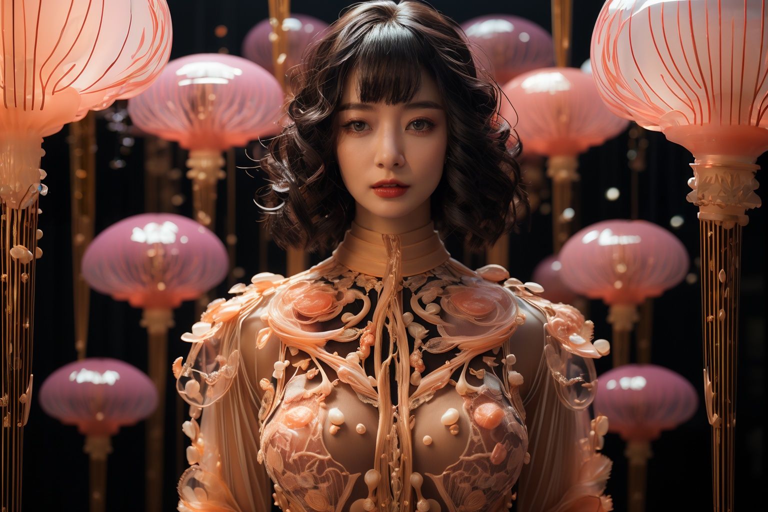masterpiece,best quality,1girl,<lora:20231020-1697759915355-0008:1>,jellyfish,Epic CG masterpiece,cyberpunk style Chinese girl,stunningly beautiful,((wearing futuristic technology armor)),tech and chinoiserie clothes,graphic tension,dynamic poses,stunning colors,3D rendering,surrealism,cinematic lighting effects,realism,00 renderer,super realistic,masterpiece,best quality,32k uhd,insane details,intricate details,hyperdetailed,hyper quality,high detail,ultra detailed,Masterpiece,sideways glance,(cold attitude,eyeshadow,eyeliner:1.3),(red lips:1),watery eyes,half body to waist,