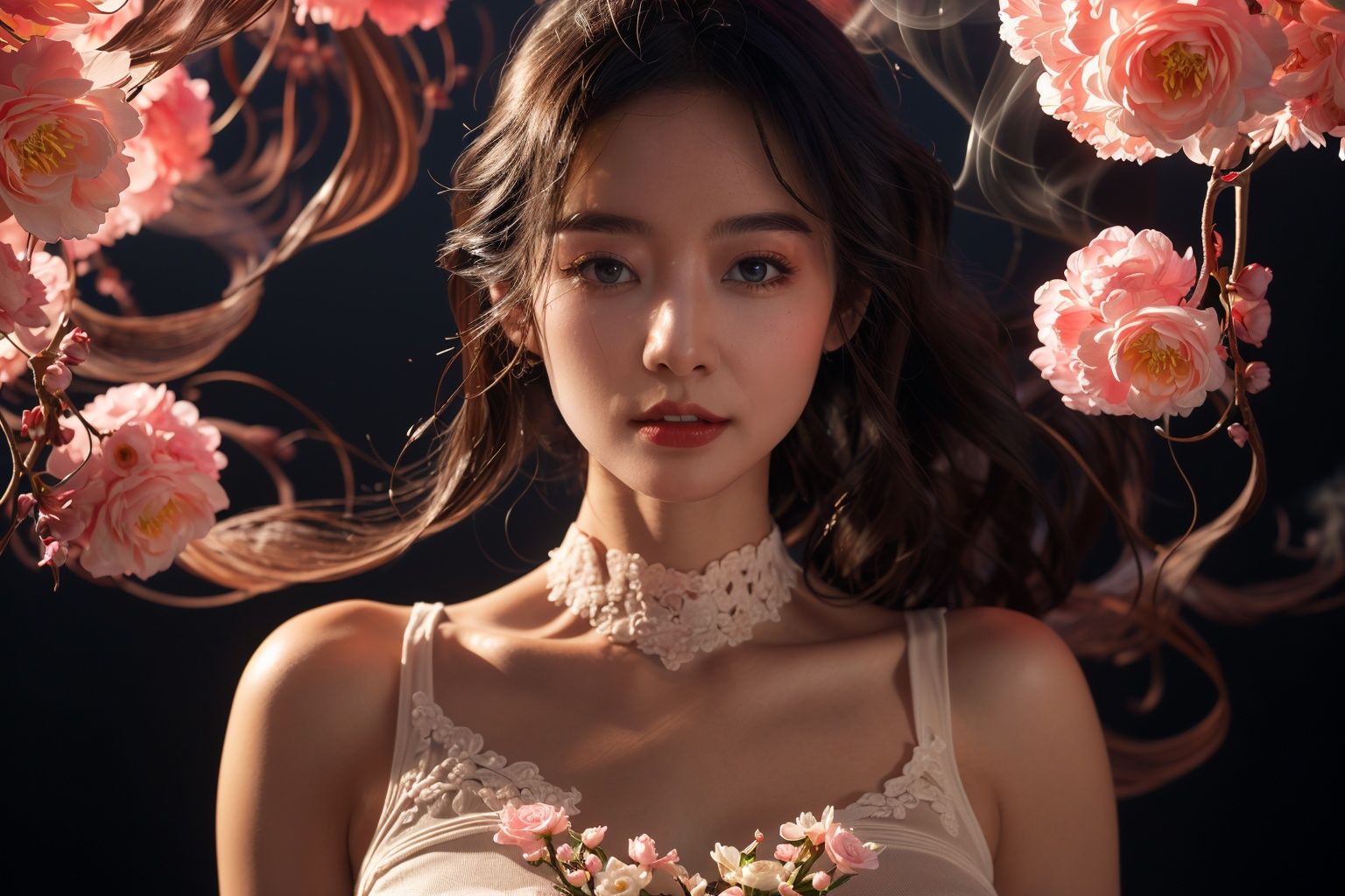 masterpiece,best quality,1girl,full body,<lora:20231020-1697759915355-0010:0.7>,(bare shoulders:0.85),((Glowing ambiance, enchanting radiance, luminous lighting, ethereal atmosphere, mesmerizing glow, evocative hues, captivating coloration, dramatic lighting, enchanting aura)),1girl,masterpiece,best quality,1girl,(in smoke:1.1),(dynamic smokeanywhere:1.4),(upper body:1.2),(1 Chinese patterns in the middle of the girl's forehead),girl with a weak temperament,,(epic cinematic),soft nature lights,rim light,absurd,amazing,funny,itricate,hyper detailed,pink flowers,soft colors, white flower