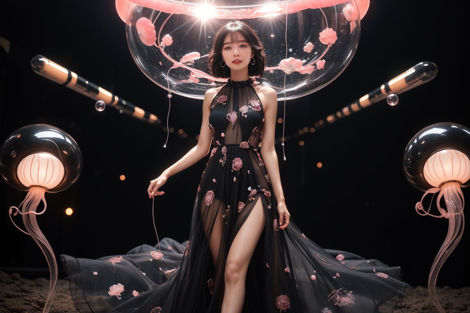 masterpiece,best quality,1girl,full body,<lora:20231020-1697759915355-0002:0.6>,jellyfish \(splatoon\),half body,a girl wearing a delicate evening dress smiles in a high-tech futuristic style scene,earrings,exquisite starry evening dress,long black hair,((glowing_eye)),seductive_smile,lens flare,light leaks,Cinematic Lighting,