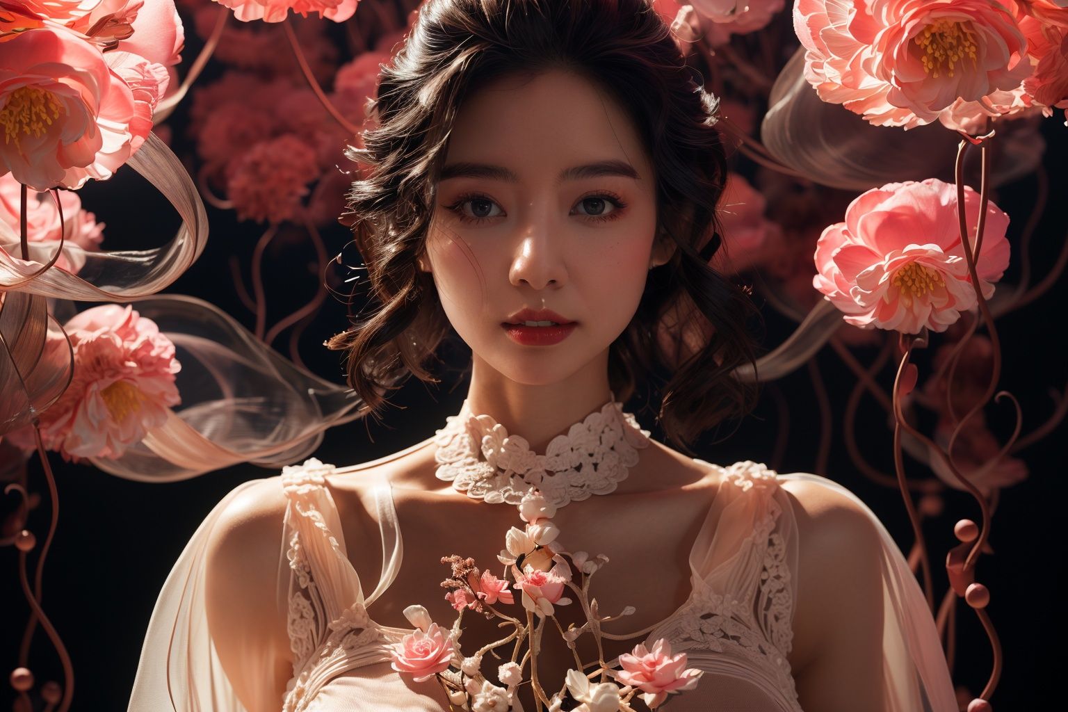 masterpiece,best quality,1girl,full body,<lora:20231020-1697759915355-0010:0.9>,(bare shoulders:0.85),((Glowing ambiance, enchanting radiance, luminous lighting, ethereal atmosphere, mesmerizing glow, evocative hues, captivating coloration, dramatic lighting, enchanting aura)),1girl,masterpiece,best quality,1girl,(in smoke:1.1),(dynamic smokeanywhere:1.4),(upper body:1.2),(1 Chinese patterns in the middle of the girl's forehead),girl with a weak temperament,,(epic cinematic),soft nature lights,rim light,absurd,amazing,funny,itricate,hyper detailed,pink flowers,soft colors, white flower