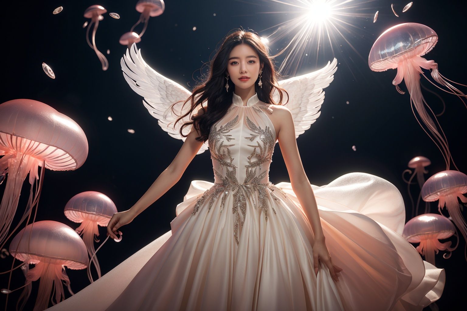 masterpiece,best quality,1girl,full body,<lora:20231020-1697759915355-0005:0.5>,a girl wearing a dazzling evening dress with exquisite sparkling stars smiles in a high-tech futuristic style scene,((jellyfish)),half body,earrings,long black hair,((glowing_eye)),seductive_smile,lens flare,light leaks,Cinematic Lighting,(sunlight),(angel),dynamic angle,floating,wing,halo,floating white silk,(Holy Light),silver stars,strong rim light,metallic luster,Volumetric Lighting,rim light,