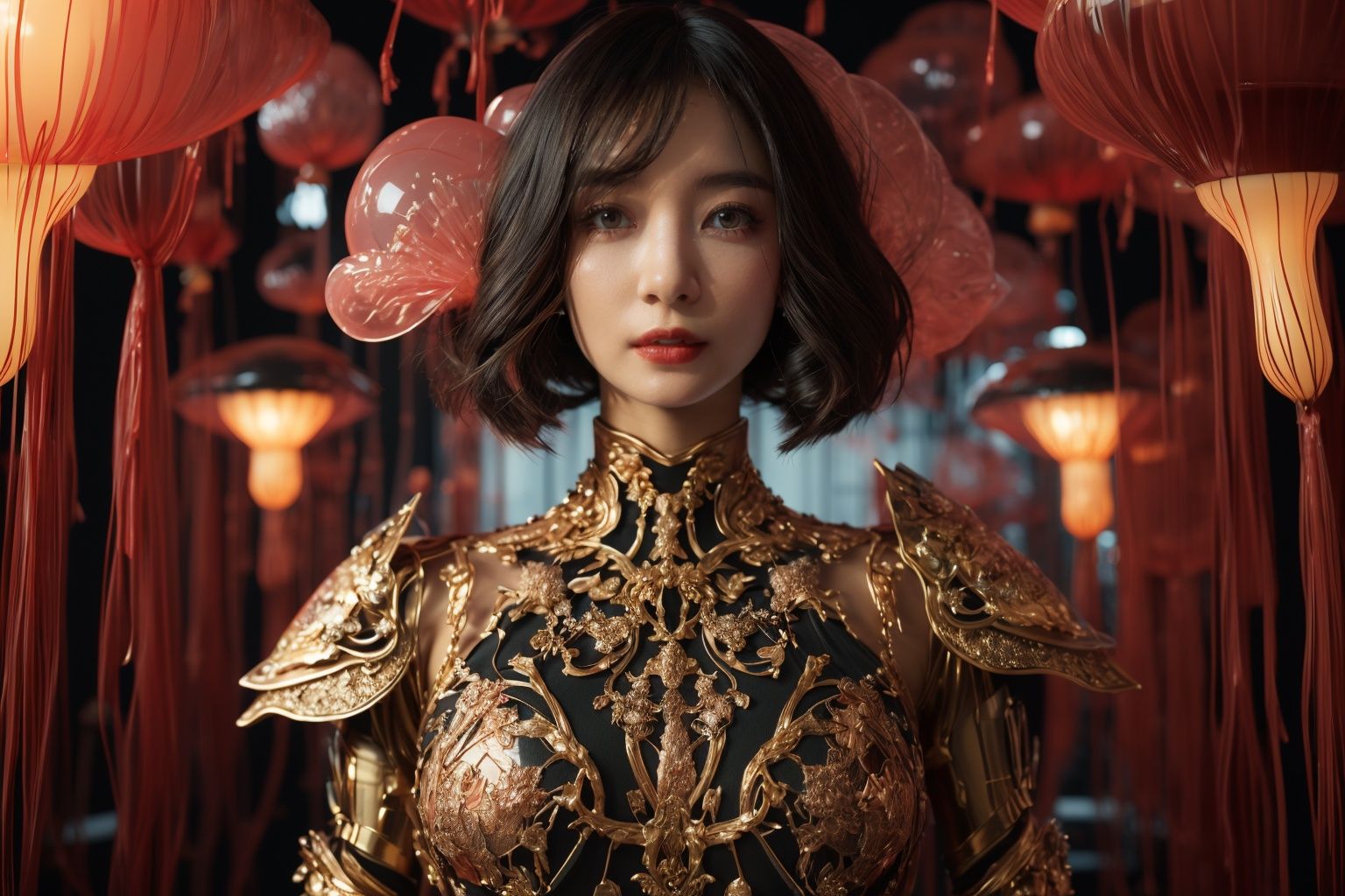 masterpiece,best quality,1girl,<lora:20231020-1697759915355-0001:1>,jellyfish,Epic CG masterpiece,cyberpunk style Chinese girl,stunningly beautiful,((wearing futuristic technology armor)),tech and chinoiserie clothes,graphic tension,dynamic poses,stunning colors,3D rendering,surrealism,cinematic lighting effects,realism,00 renderer,super realistic,masterpiece,best quality,32k uhd,insane details,intricate details,hyperdetailed,hyper quality,high detail,ultra detailed,Masterpiece,sideways glance,(cold attitude,eyeshadow,eyeliner:1.3),(red lips:1),watery eyes,half body to waist,