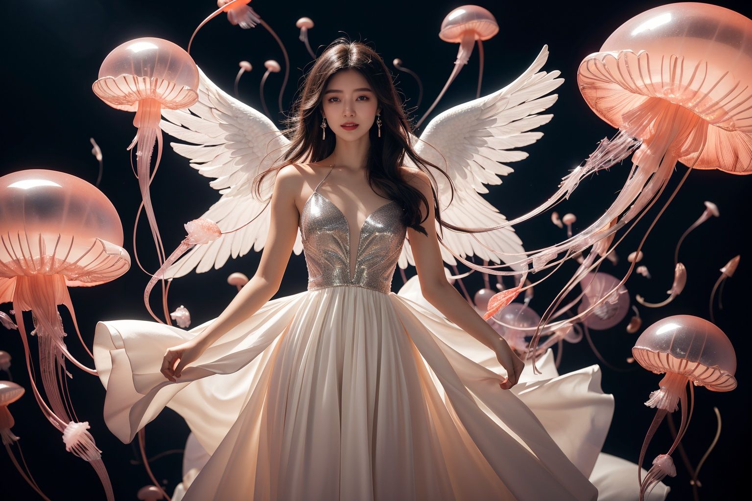 masterpiece,best quality,1girl,full body,<lora:20231020-1697759915355-0010:0.4>,a girl wearing a dazzling evening dress with exquisite sparkling stars smiles in a high-tech futuristic style scene,((jellyfish)),half body,earrings,long black hair,((glowing_eye)),seductive_smile,lens flare,light leaks,Cinematic Lighting,(sunlight),(angel),dynamic angle,floating,wing,halo,floating white silk,(Holy Light),silver stars,strong rim light,metallic luster,Volumetric Lighting,rim light,