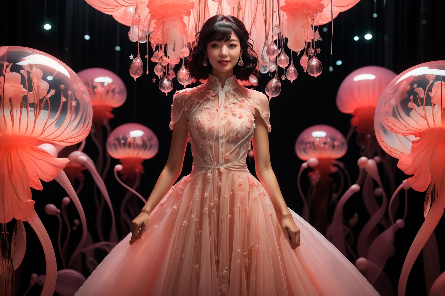 masterpiece,best quality,1girl,full body,<lora:20231020-1697759915355-0005:1>,jellyfish \(splatoon\),half body,a girl wearing a delicate evening dress smiles in a high-tech futuristic style scene,earrings,exquisite starry evening dress,long black hair,((glowing_eye)),seductive_smile,lens flare,light leaks,Cinematic Lighting,