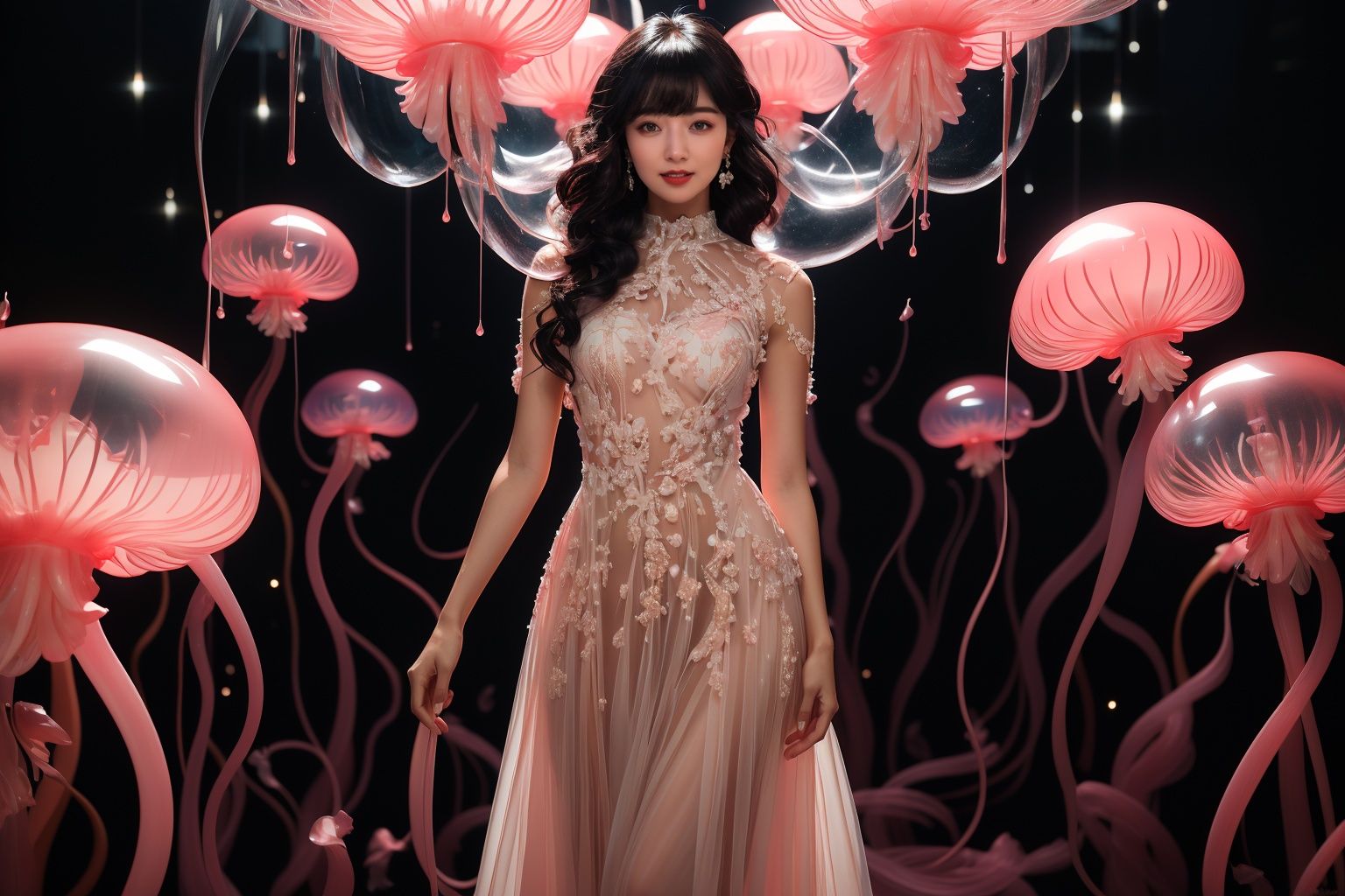 masterpiece,best quality,1girl,full body,<lora:20231020-1697759915355-0003:0.9>,jellyfish \(splatoon\),half body,a girl wearing a delicate evening dress smiles in a high-tech futuristic style scene,earrings,exquisite starry evening dress,long black hair,((glowing_eye)),seductive_smile,lens flare,light leaks,Cinematic Lighting,