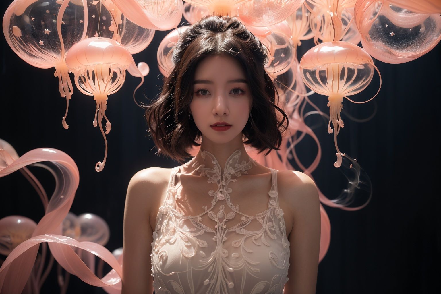 masterpiece,best quality,1girl,full body,<lora:20231020-1697759915355-0010:0.6>,(bare shoulders:0.85),((Glowing ambiance, enchanting radiance, luminous lighting, ethereal atmosphere, mesmerizing glow, evocative hues, captivating coloration, dramatic lighting, enchanting aura)),1girl,a bright wedding dress shimmering with stars,masterpiece,best quality,1girl,(in smoke:1.1),(dynamic smokeanywhere:1.4),(1 Chinese patterns in the middle of the girl's forehead),girl with a weak temperament,(epic cinematic),soft nature lights,rim light,absurd,amazing,funny,itricate,hyper detailed,jellyfish \(splatoon\),((half body)),upper_body,