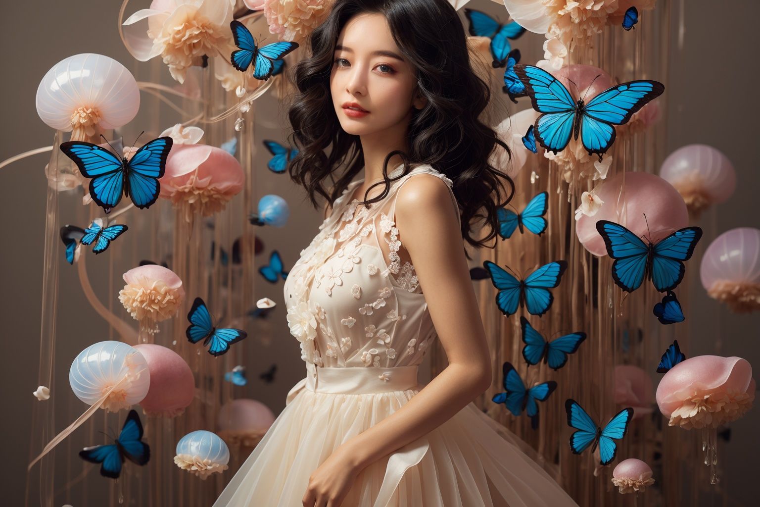 masterpiece,best quality,1girl,<lora:20231020-1697759915355-0009:0.7>,jellyfish girl,1girl,flower,bug,butterfly,solo,dress,black hair,white dress,sleeveless,looking at viewer,blue flower,standing,blue butterfly,leaf,sleeveless dress,animal,lips,simple background,