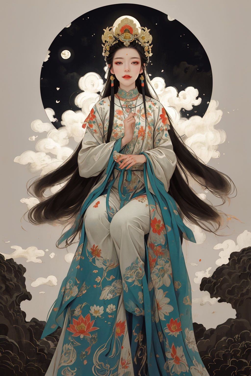 masterpiece,best quality,8K,HDR,exquisite details,1girl,<lora:Chinese Gongbi painting-000009:0.5>,goddess zi on the moon flying near the pond with some lotus flowers,Holding a white rabbit,in the style of harmonious color palette,multilayered compositions,detailed character design,nightmarish illustrations,light amber and green,traditional costumes,vibrant murals,