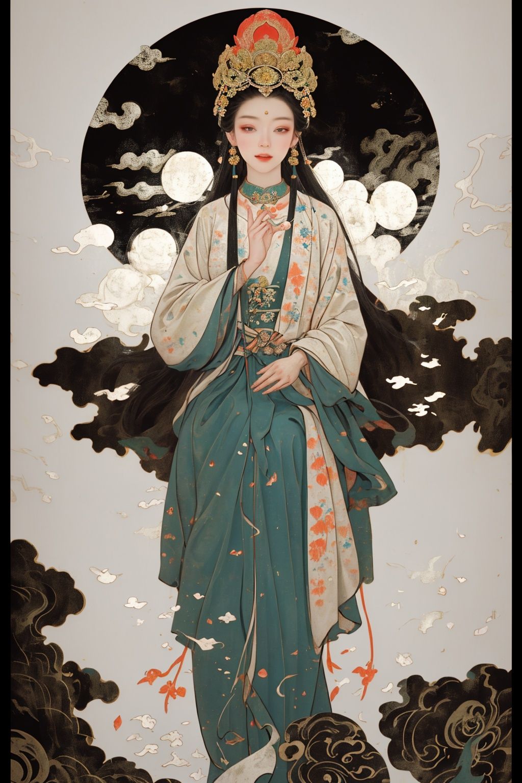 masterpiece,best quality,8K,HDR,exquisite details,1girl,<lora:Chinese Gongbi painting-000009:0.6>,goddess zi on the moon flying near the pond with some lotus flowers,Holding a white rabbit,in the style of harmonious color palette,multilayered compositions,detailed character design,nightmarish illustrations,light amber and green,traditional costumes,vibrant murals,