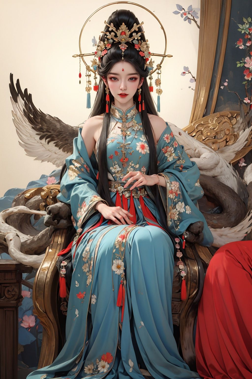 masterpiece,best quality,8K,HDR,exquisite details,<lora:Chinese Gongbi painting-000004:0.5>,1girl,hanfu,bird,flower,line drawing,vibrant colours,