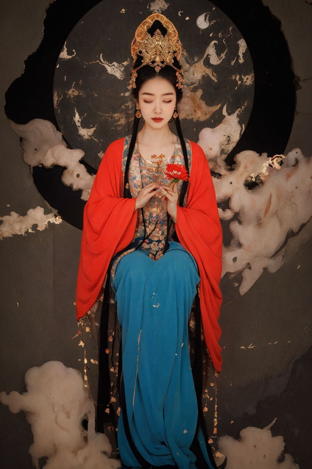 masterpiece,best quality,8K,HDR,exquisite details,<lora:Chinese Gongbi painting-000009:0.7>,Rock grain feel style,rockiness,High saturation color,Ink painting style,Chinese Gongbi painting style,Chinese rock painting,1girl,solo,black hair,closed eyes,long hair,hair ornament,sitting,flower,hanfu,chinese clothes,long sleeves,very long hair,red lips,hair flower,holding,forehead mark,makeup,wide sleeves,circle,facial mark,moon,cloud,((full body)),bird,red flower,lipstick,jewelry,