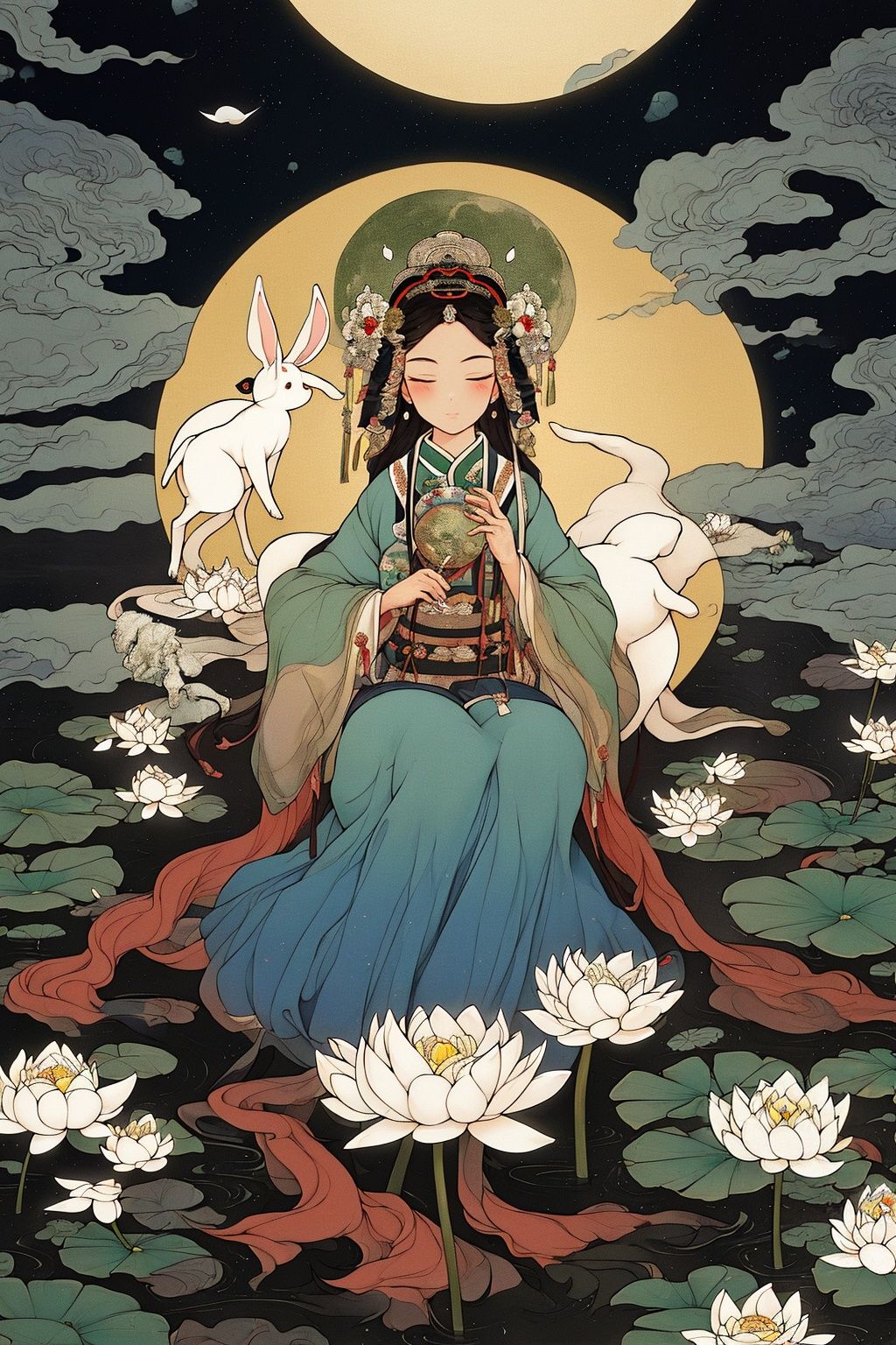 masterpiece,best quality,8K,HDR,exquisite details,1girl,<lora:Chinese Gongbi painting-000003:0.6>,goddess zi on the moon flying near the pond with some lotus flowers,Holding a white rabbit,in the style of harmonious color palette,multilayered compositions,detailed character design,nightmarish illustrations,light amber and green,traditional costumes,vibrant murals,