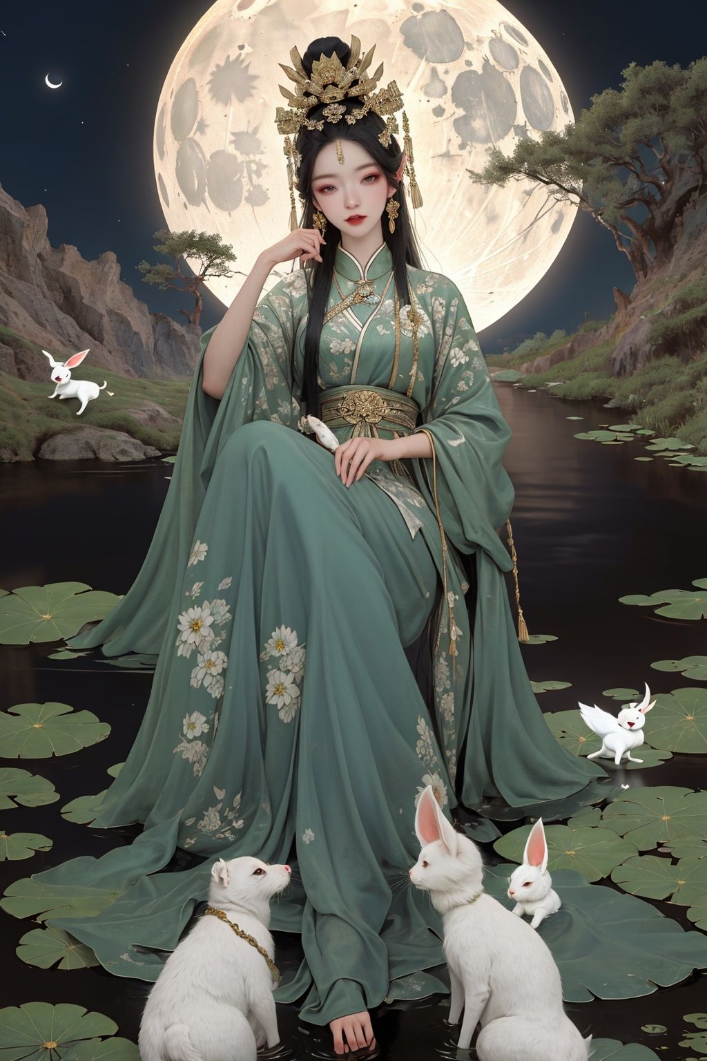 masterpiece,best quality,8K,HDR,exquisite details,1girl,<lora:Chinese Gongbi painting-000009:0.3>,goddess zi on the moon flying near the pond with some lotus flowers,Holding a white rabbit,in the style of harmonious color palette,multilayered compositions,detailed character design,nightmarish illustrations,light amber and green,traditional costumes,vibrant murals,