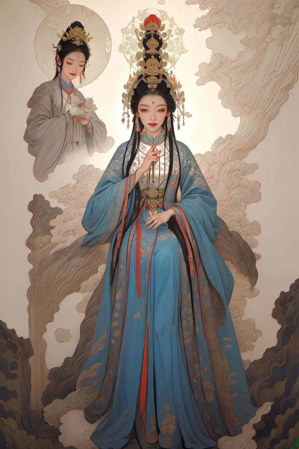 masterpiece,best quality,8K,HDR,exquisite details,1girl,<lora:Chinese Gongbi painting-000018:0.5>,goddess zi on the moon flying near the pond with some lotus flowers,Holding a white rabbit,in the style of harmonious color palette,multilayered compositions,detailed character design,nightmarish illustrations,light amber and green,traditional costumes,vibrant murals,