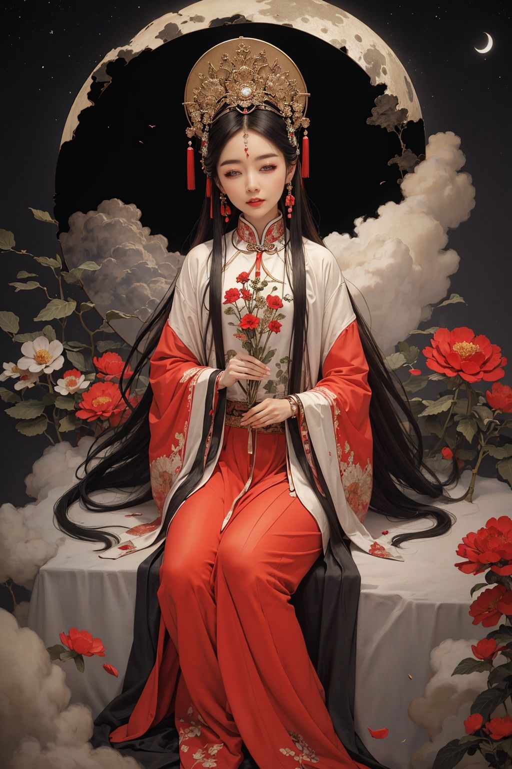 masterpiece,best quality,8K,HDR,exquisite details,<lora:Chinese Gongbi painting-000006:0.4>,Rock grain feel style,rockiness,High saturation color,Ink painting style,Chinese Gongbi painting style,Chinese rock painting,1girl,solo,black hair,closed eyes,long hair,hair ornament,sitting,flower,hanfu,chinese clothes,long sleeves,very long hair,red lips,hair flower,holding,forehead mark,makeup,wide sleeves,circle,facial mark,moon,cloud,((full body)),bird,red flower,lipstick,jewelry,