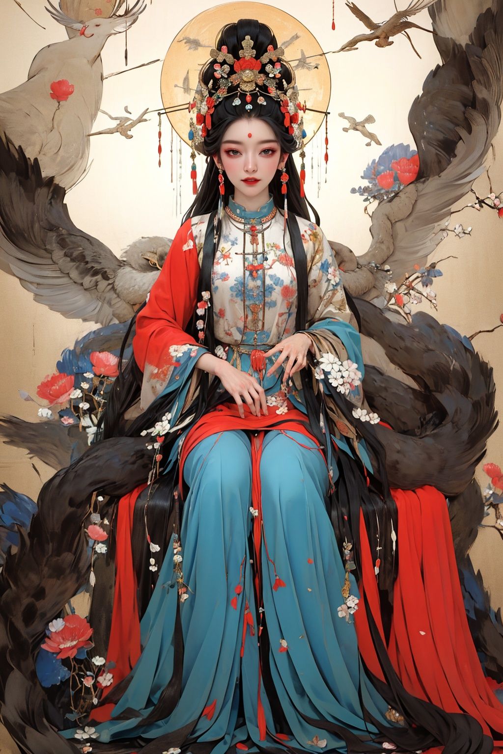 masterpiece,best quality,8K,HDR,exquisite details,<lora:Chinese Gongbi painting-000004:0.7>,1girl,hanfu,bird,flower,line drawing,vibrant colours,