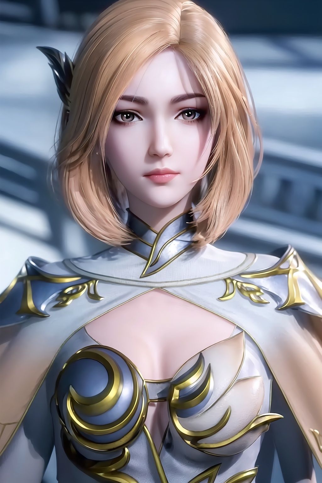 (8k, RAW photo, best quality, masterpiece:1.2),(realistic, photo-realistic:1.3), ultra-detailed, extremely detailed cg 8k wallpaper,(crystalstexture skin:1.2), (extremely delicate and beautiful),1girl, blurry, blurry_background, depth_of_field, solo, lips, blonde_hair,photo_\(medium\), (full shot), (medium_breasts:1.3,cleavage:1.3), looking at viewer, standing, 