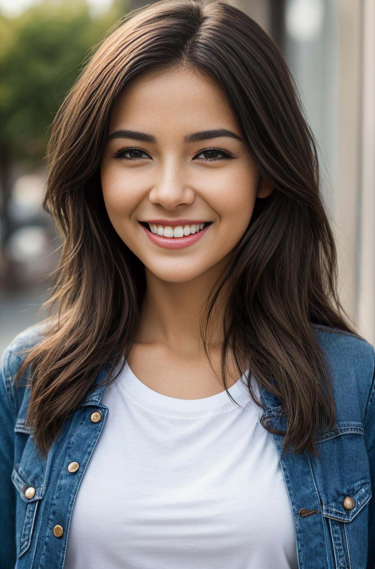 photograph of jg-jc0n,  an effortlessly beautiful girl next door wearing a plain tshirt and jacket,  (happy excited smile)...