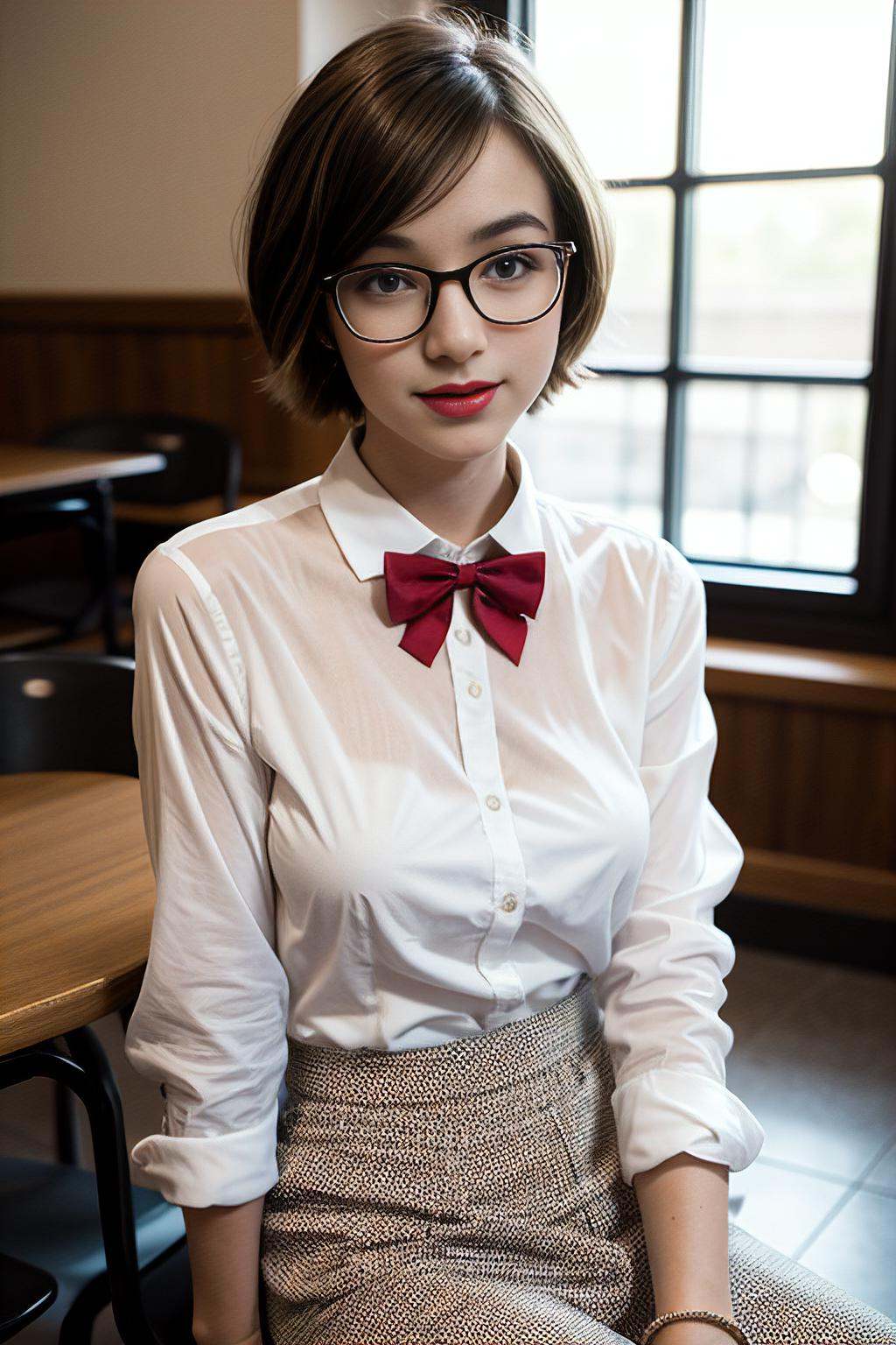 A photo of a young,  nerdy woman sitting in a caf,  wearing a white shirt and a bow on Tensor.Art