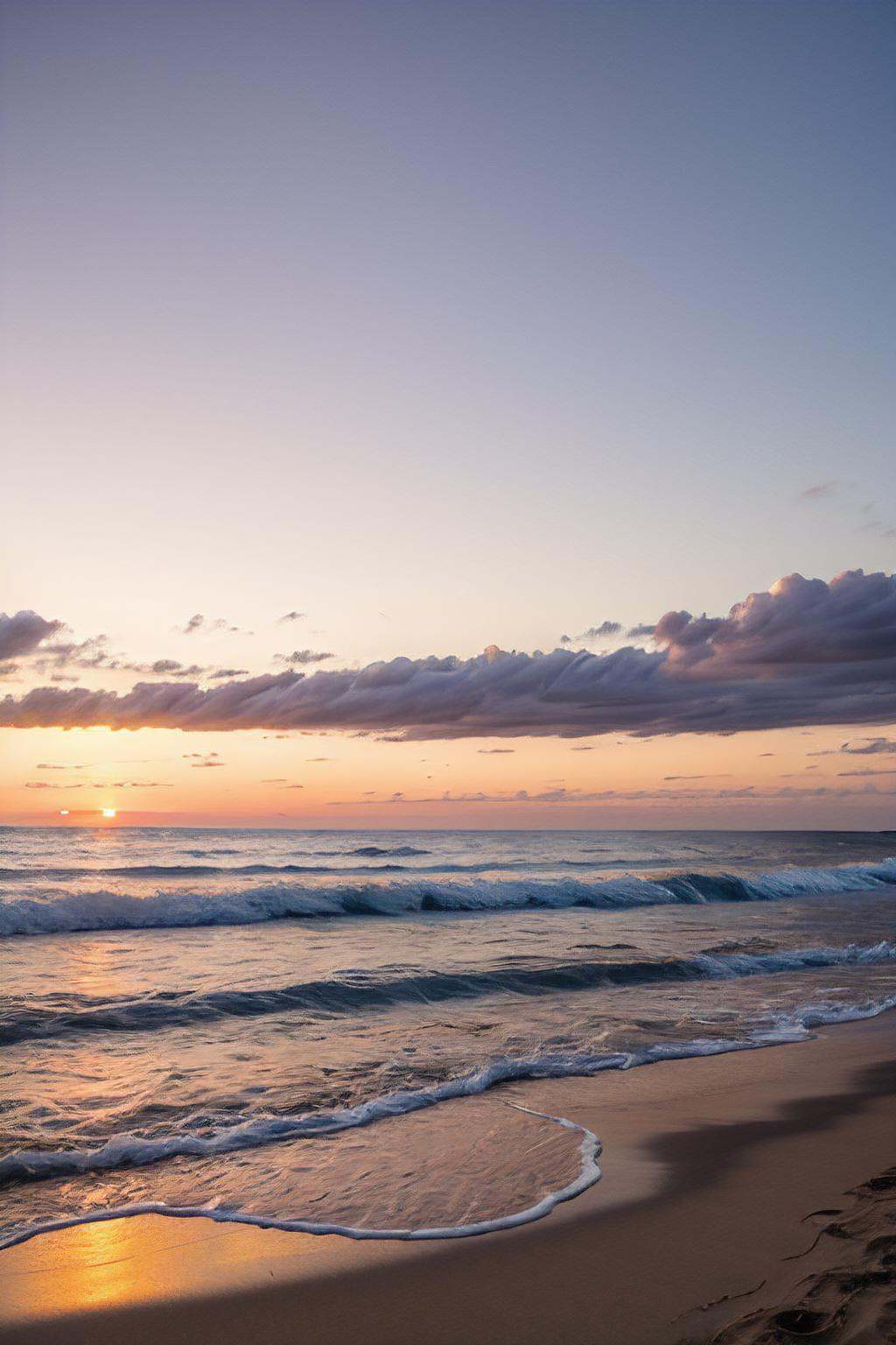 A landscape of a serene beach at sunset,  with golden sand,  gentle waves on Tensor.Art