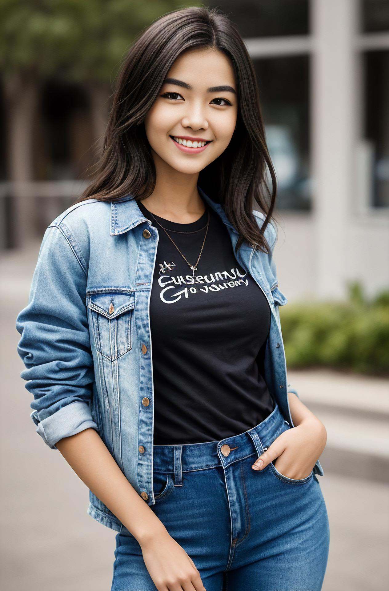 photograph of jg-jc0n,  an effortlessly beautiful girl next door wearing a plain tshirt and jacket,  (happy excited smile)...