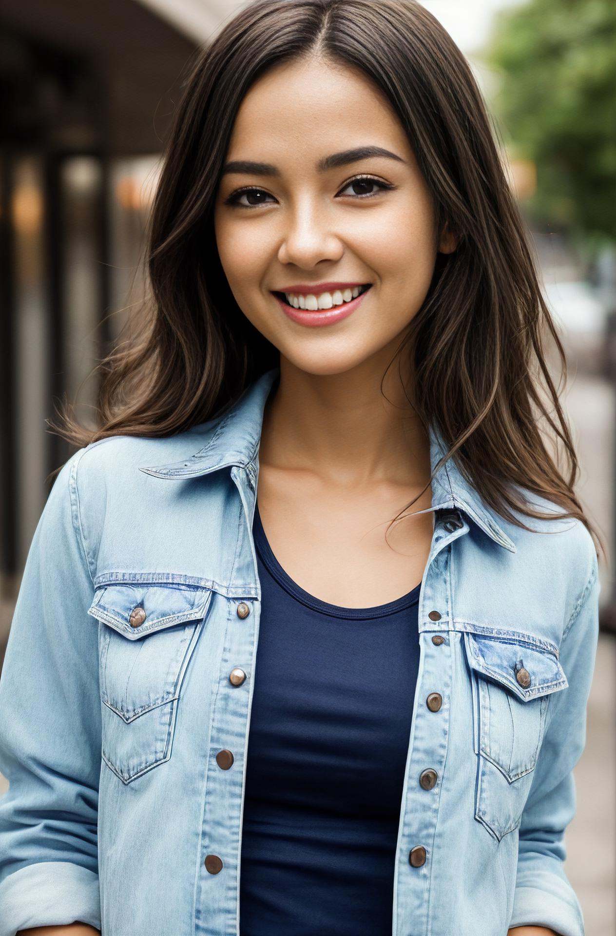 photograph of jg-jc0n,  an effortlessly beautiful girl next door wearing a plain tshirt and jacket,  (happy excited smile)...