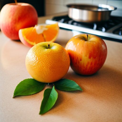 one orange and one apple on table in kitchen on Tensor.Art
