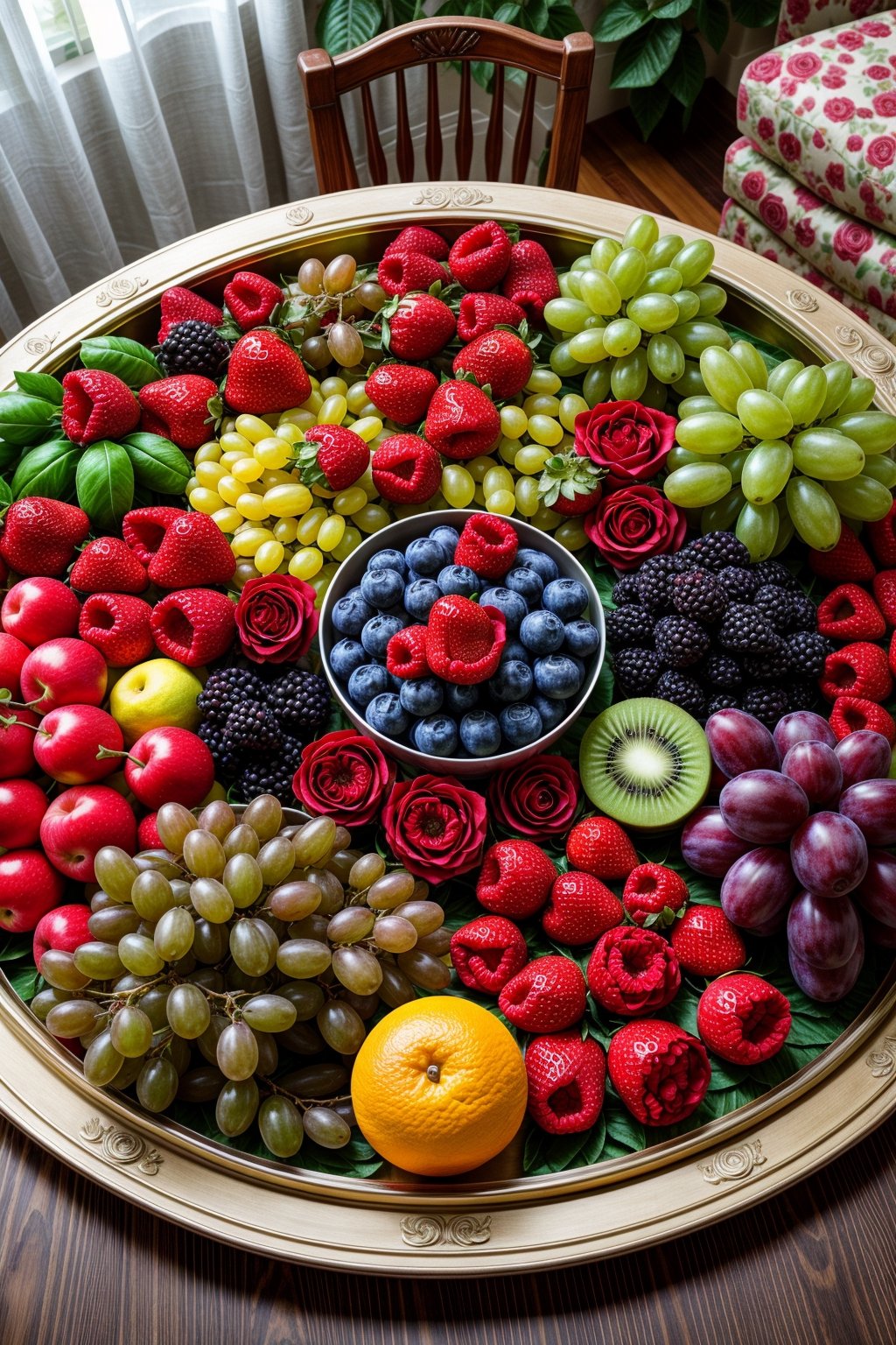 Tray with many fruits,  in the center many roses of various colors,  in the living room on Tensor.Art