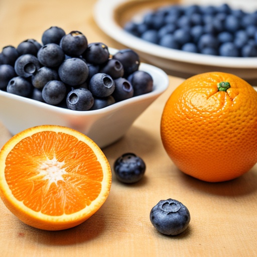 one orange and blueberries on table in kitchen on Tensor.Art