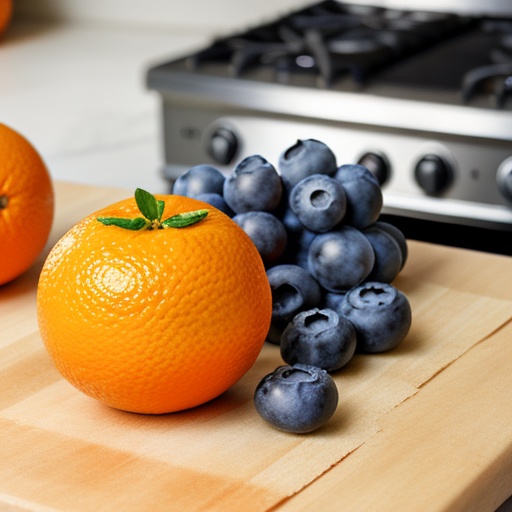 one orange and blueberries on table in kitchen on Tensor.Art