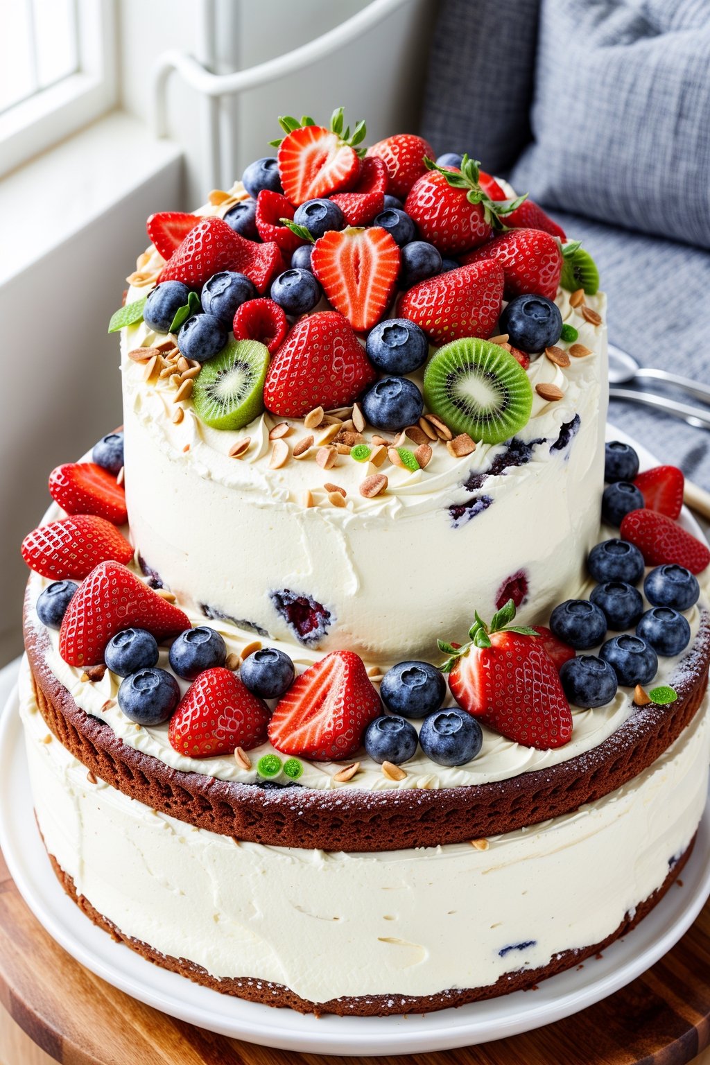 Cake with lots of strawberries,  blueberries,  kiwi on top on Tensor.Art