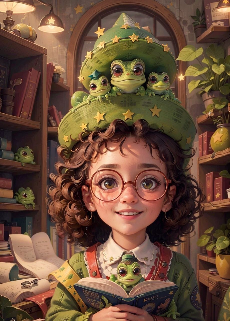 kate，\(style\)，Flat style, hand drawn illustration, pencil pastel, children's picture book style，A lovely little girl, with a green hat, round red eyes, curly blond hair, a smile, a red suspender skirt, holding a blue grimoire, red glasses,little stars, big green eyes, three little lizards, and a glow, quality,High Quality,realistic,RAW photo,masterpiece,8k,insane details,High detail,hyperdetailed,Lighting,Master Lighting,film grain,flower <lora:kate P-000007:0.5>, (best quality),((masterpiece)),(highres), original, extremely detailed 8K wallpaper,(an extremely delicate and beautiful),