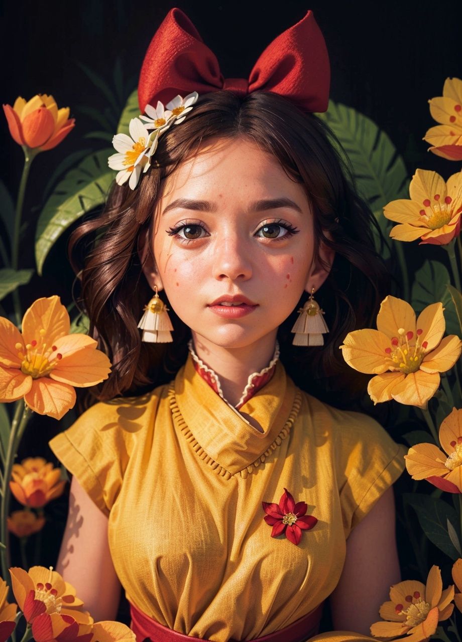 kate，\(style\)，Flat style, hand drawn illustration, pencil pastel, children's picture book style，Girl head, big eyes, brown eyes, short hair, curtain, huge red bow hair clip, yellow and red pattern shawl, red face, pale yellow background， best quality,High Quality,realistic,RAW photo,masterpiece,8k,insane details,High detail,hyperdetailed,Lighting,Master Lighting,film grain,flower <lora:kate P-000008:0.6>, (best quality),((masterpiece)),(highres), original, extremely detailed 8K wallpaper,(an extremely delicate and beautiful),