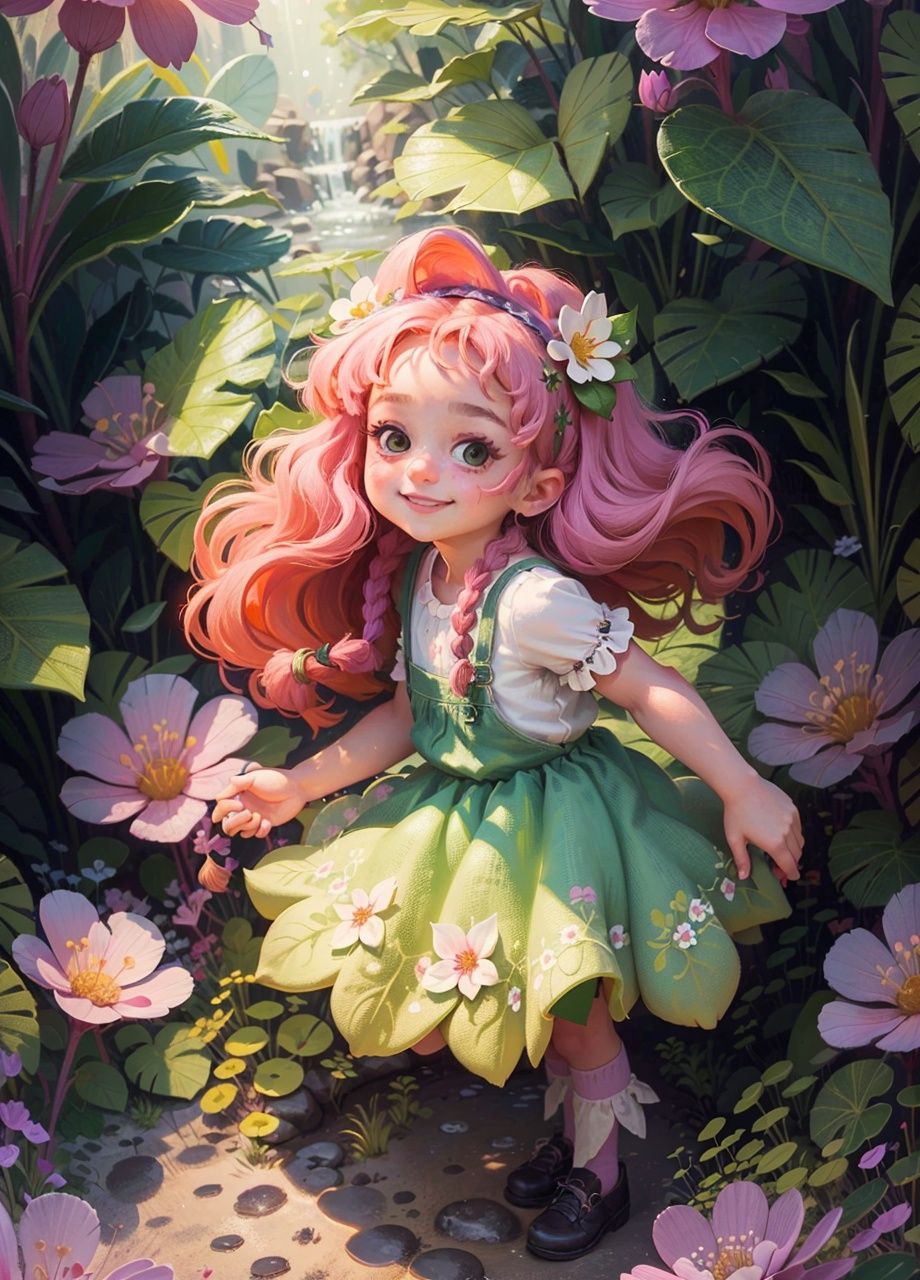 kate，\(style\)，Flat style, hand drawn illustration, pencil pastel, children's picture book style，Beautiful flower fairy, girl, big eyes, smile, long pink purple gradient hair, braids, green skirt, lawn, pink flowers, small white hairpins, pink flowers, shadows， best quality,High Quality,realistic,RAW photo,masterpiece,8k,insane details,High detail,hyperdetailed,Lighting,Master Lighting,film grain,flower <lora:kate P-000007:0.5>, (best quality),((masterpiece)),(highres), original, extremely detailed 8K wallpaper,(an extremely delicate and beautiful),