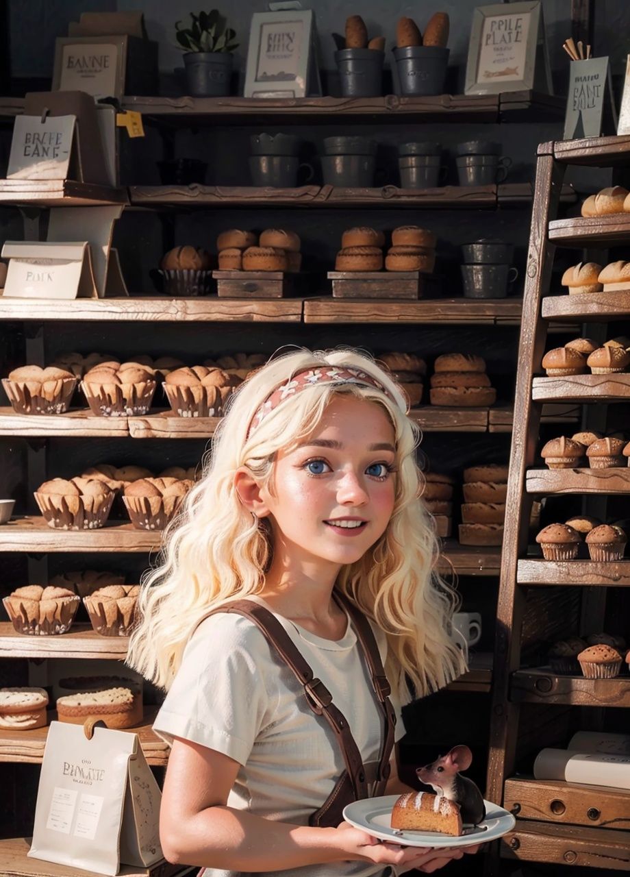 kate，\(style\)，Flat style, hand drawn illustration, pencil pastel, children's picture book style，Girl, brown skin, big blue eyes, smiling, wearing a white T-shirt, blue suspenders skirt, long white hair, red headband, holding a white plate, bread, a small mouse on the plate, in the bakery, all kinds of bread and cake， best quality,High Quality,realistic,RAW photo,masterpiece,8k,insane details,High detail,hyperdetailed,Lighting,Master Lighting,film grain,flower <lora:kate P-000008:0.7>, (best quality),((masterpiece)),(highres), original, extremely detailed 8K wallpaper,(an extremely delicate and beautiful),