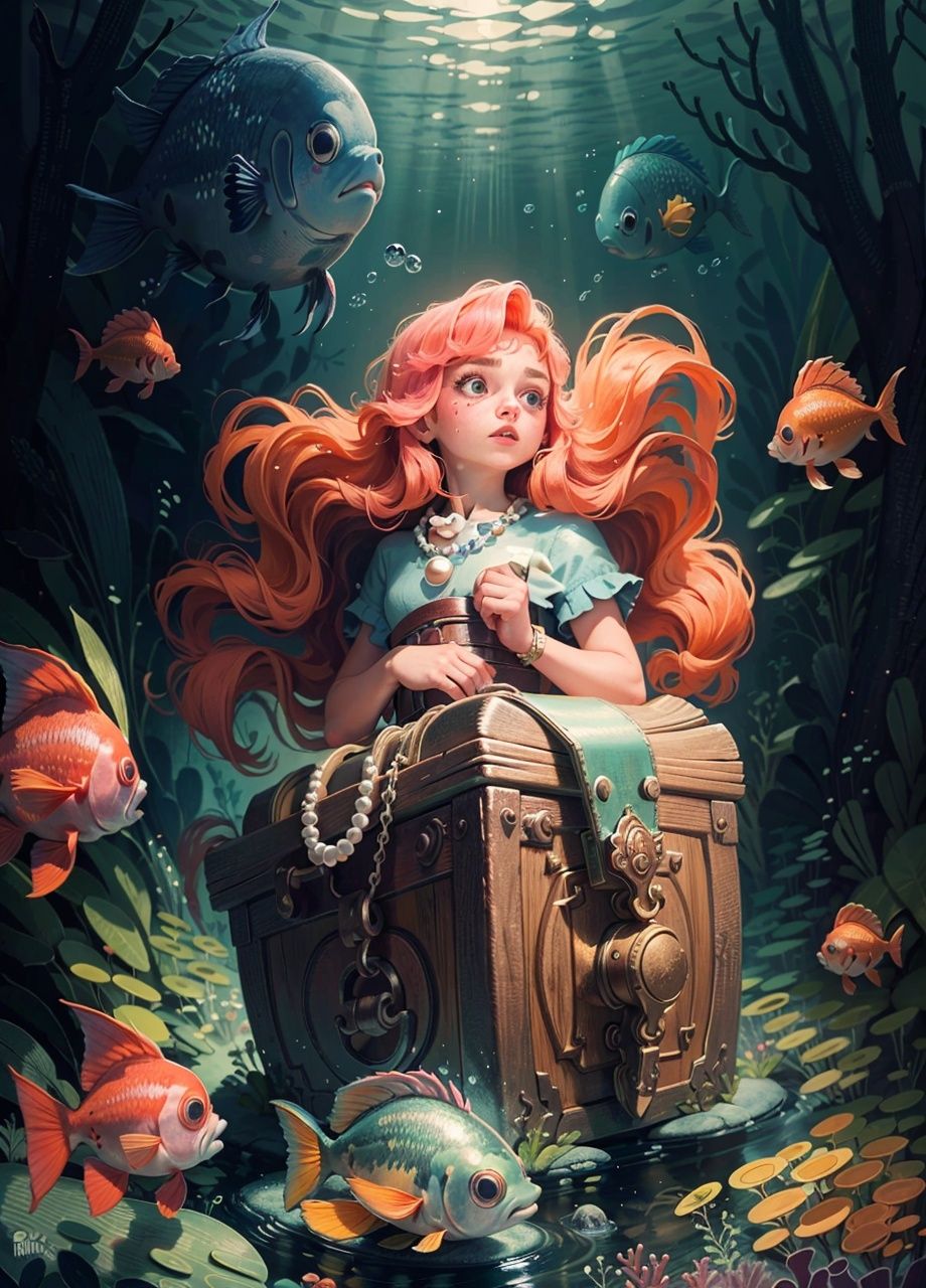 kate，\(style\)，Flat style, hand drawn illustration, pencil pastel, children's picture book style，The little mermaid, long pink hair, big eyes, big blue purple tail, in the sea, holding a big treasure chest, pearl necklace, elf, bottom fish, water grass, coral, reefbest quality,High Quality,realistic,RAW photo,masterpiece,8k,insane details,High detail,hyperdetailed,Lighting,Master Lighting,film grain,flower <lora:kate P-000007:0.5>, (best quality),((masterpiece)),(highres), original, extremely detailed 8K wallpaper,(an extremely delicate and beautiful),