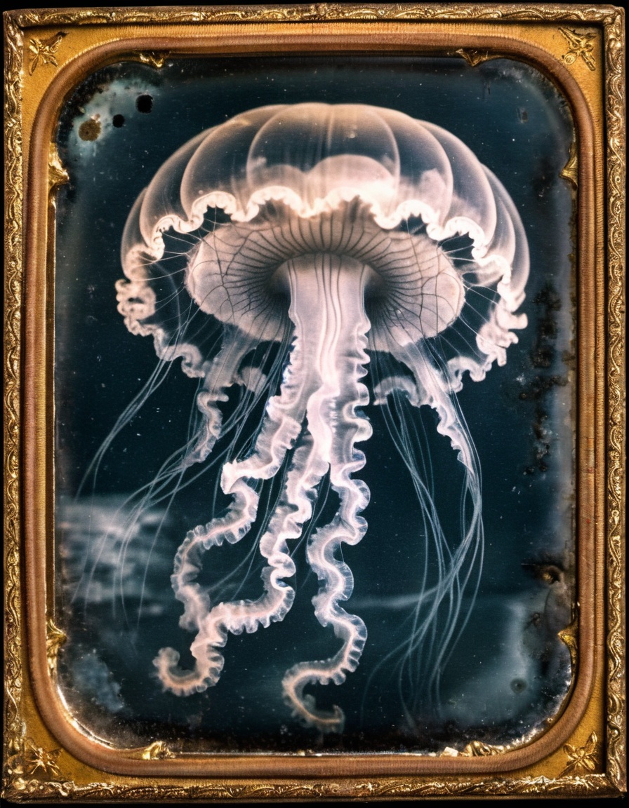 Haunting daguerreotype of jellyfish illuminating an abandoned night,  shallow depth of field,  ornate border on Tensor.Art