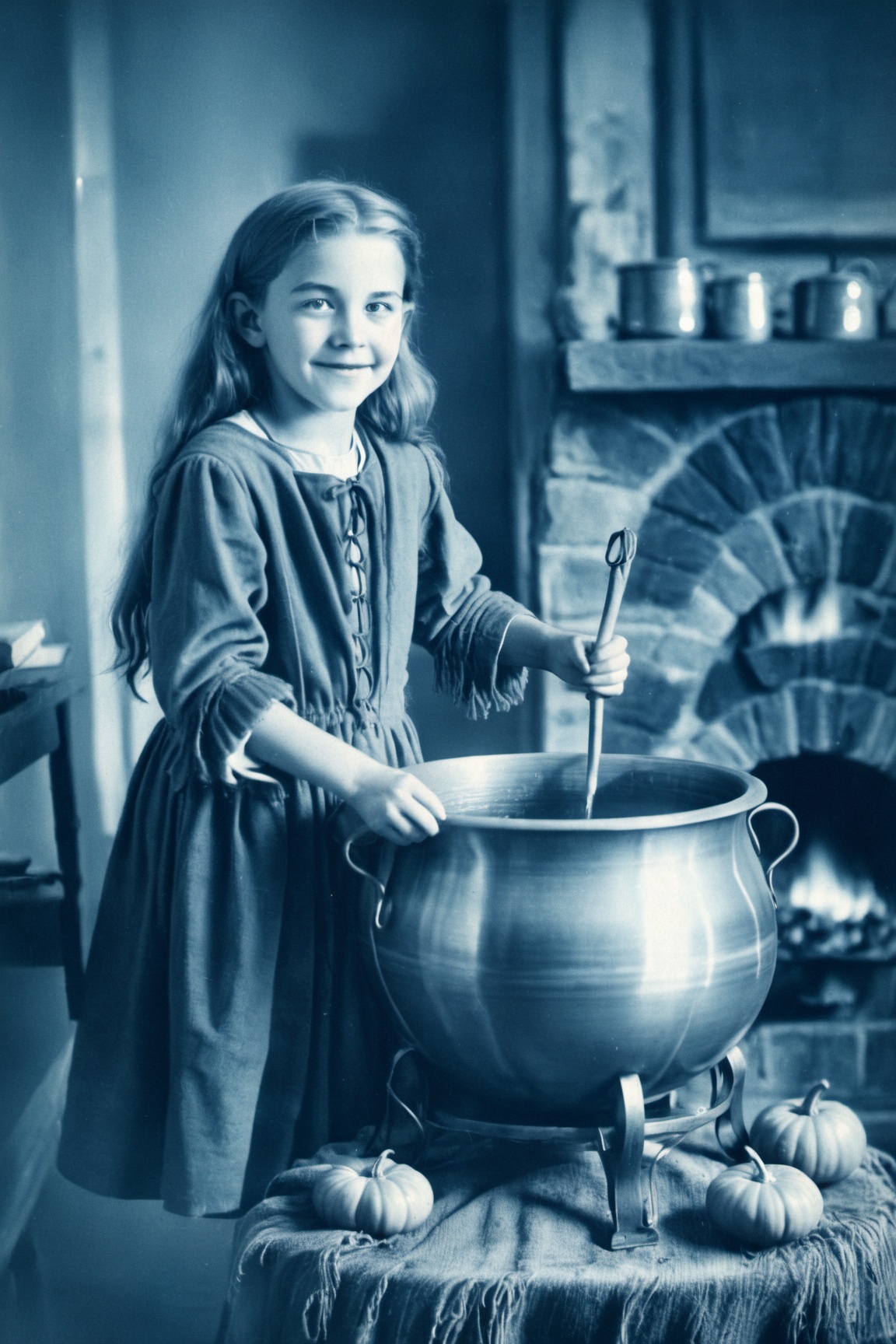 cute young witch stirring a huge cauldron,  highly detailed,  happy on Tensor.Art