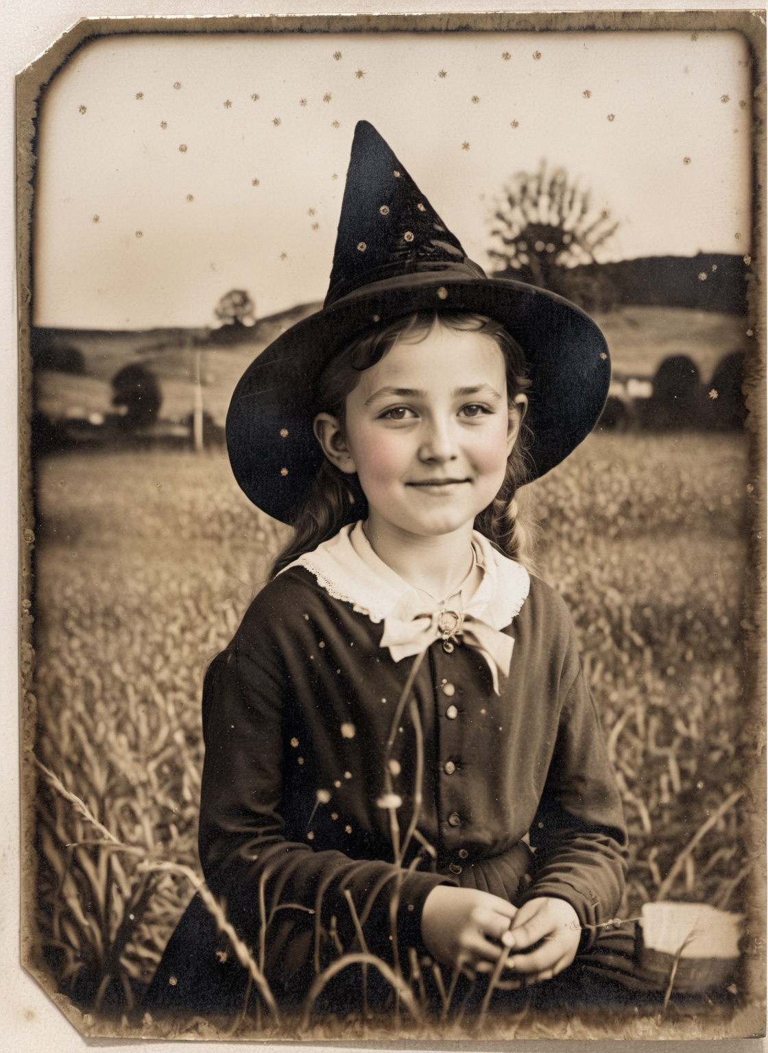 movie still of a cute young witch in a field of tiny fireflies,  highly detailed,  happy on Tensor.Art
