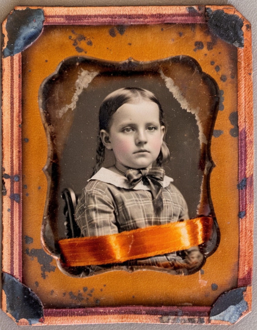 antique photograph of an orange wrapped in a velvet ribbon,  sitting on a tartan tablecloth,  scuffed image on Tensor.Art