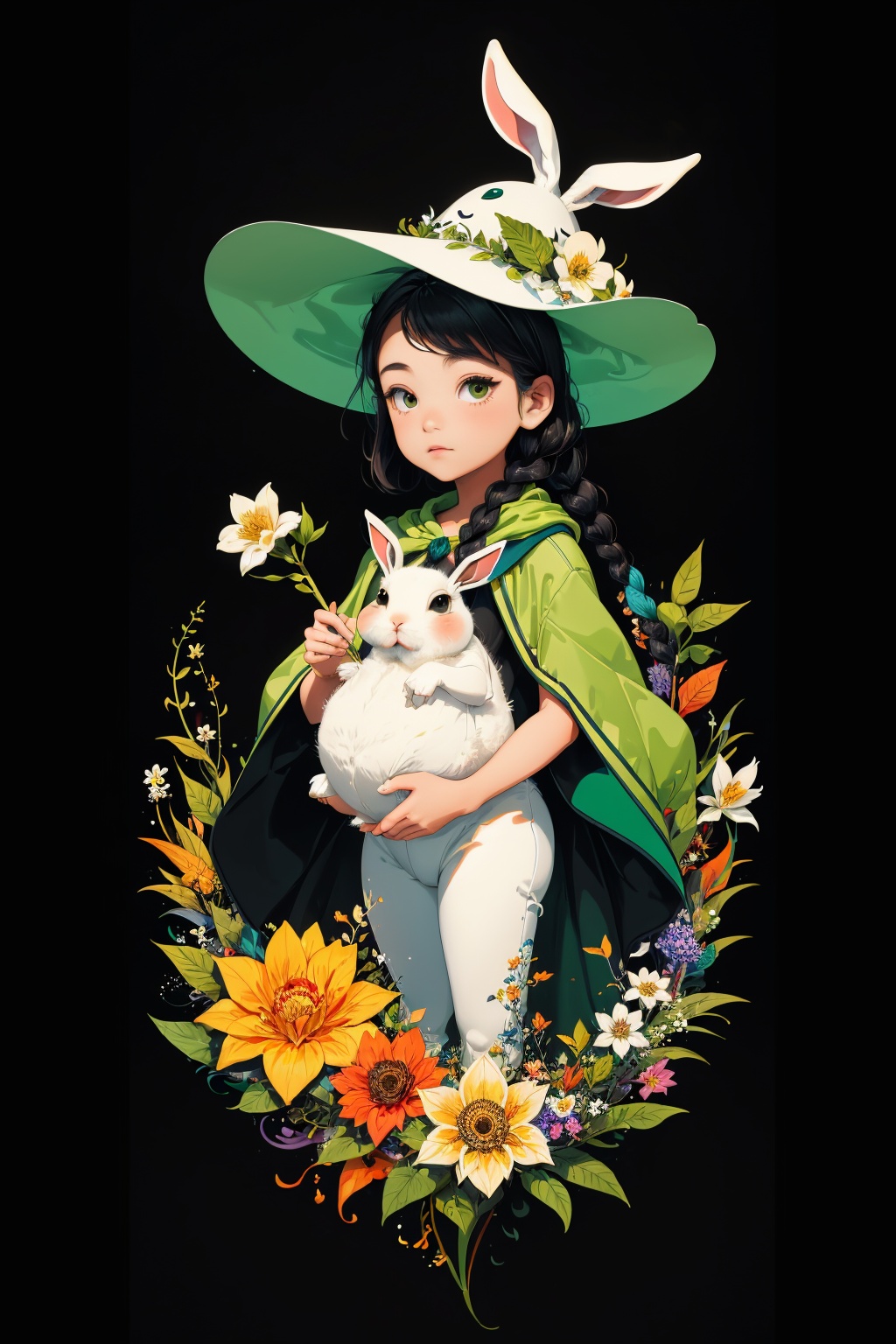 (( Ride on beautifully decorated white giant lagomorph )) ,  shining eyes ,  twin braid on Tensor.Art