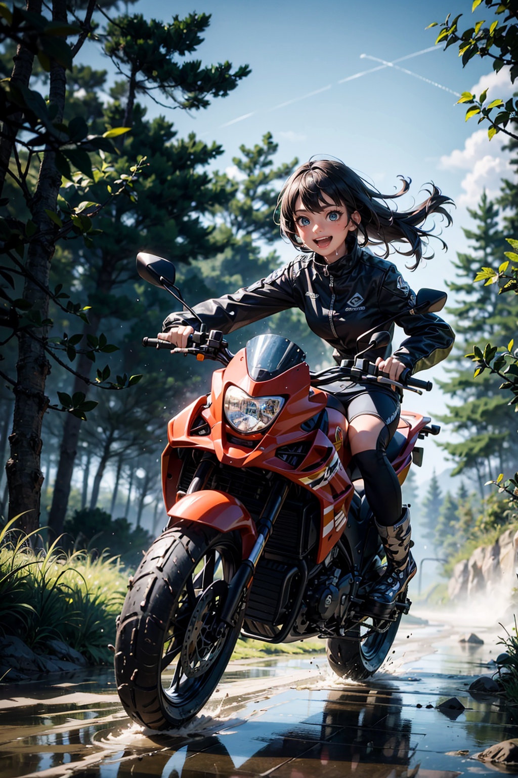 A cinematic scenic view of 1 girl,  wearing a goggle driving in a off road motorcycle,  very windy on Tensor.Art