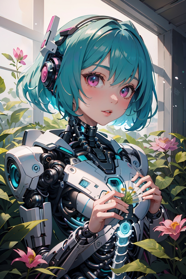 figure of biomechanical cyborg little girl made of glass was (picking a flower by hands),  transparent,  see-through intri...