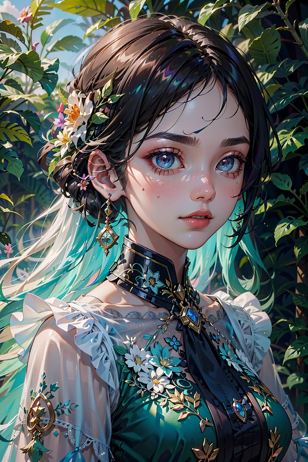 fashion photography portrait of blue human avatar,  in blue lush jungle with flowers and birds,  3d render on Tensor.Art