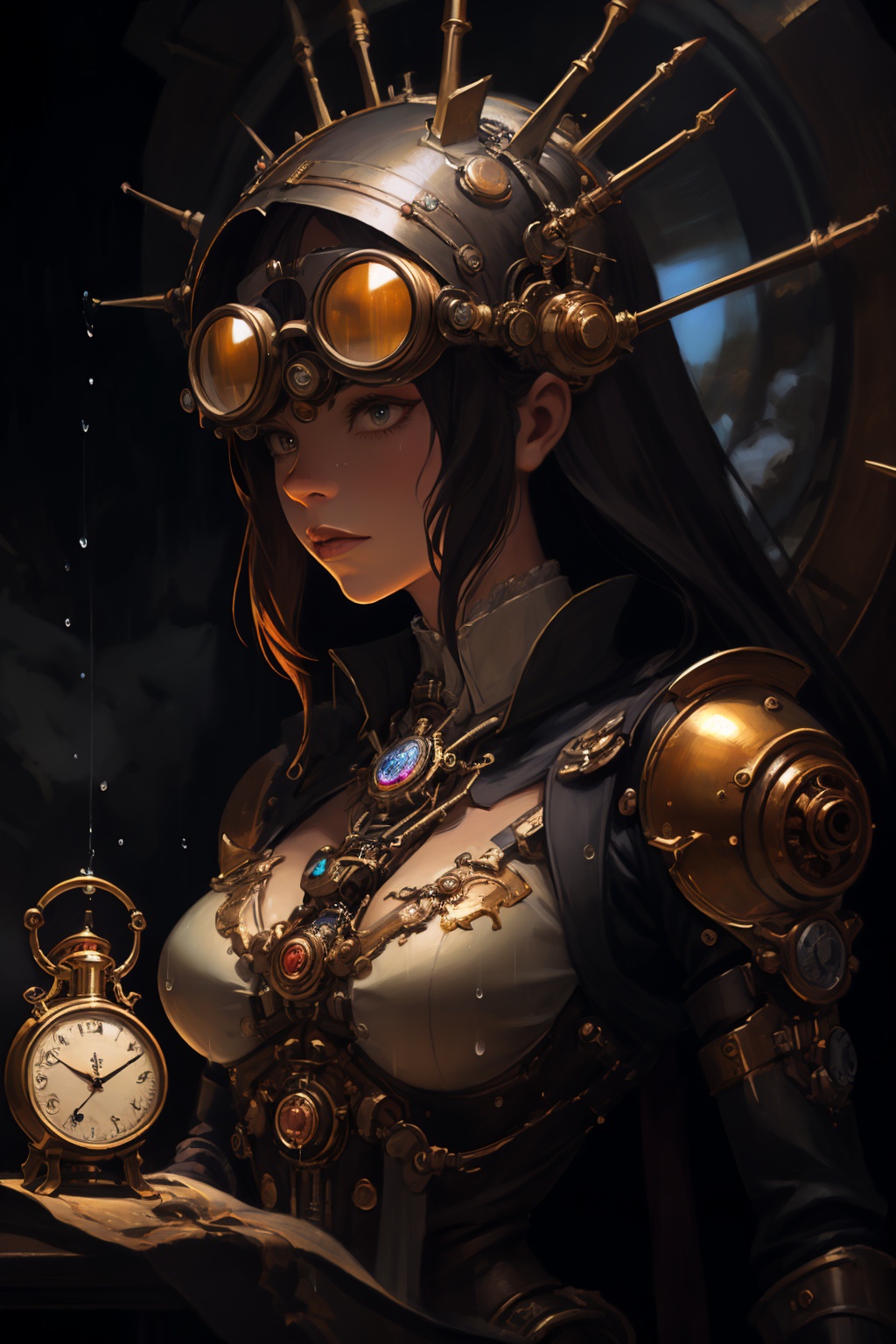 olpntng style,  high quality steampunk portrait of the woman called Goddess Time with a clock for a head played by Sam Ell...