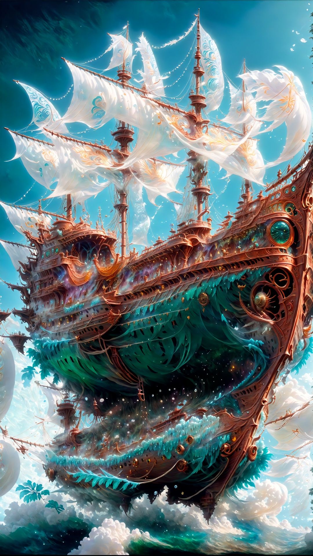 (Fantasy ancient ship style: 1.5) (Hyper-realistic thick paint) (Oriental ship concept) From a small angle,  shocking,  hu...